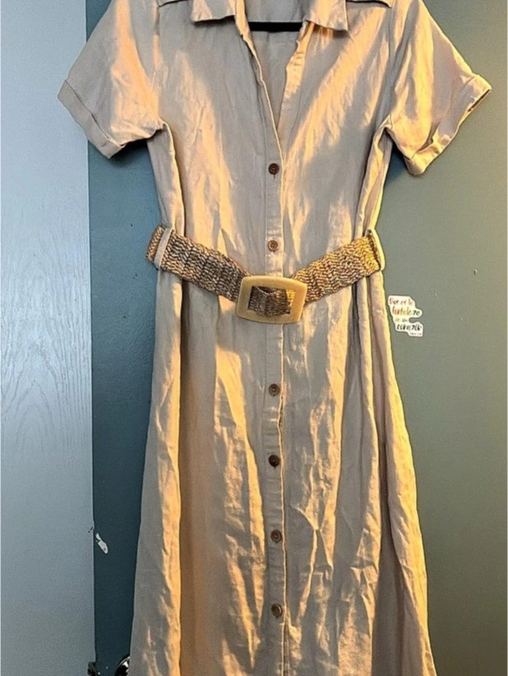 Zara Linen Blend Belted Shirt Dress Beige Medium